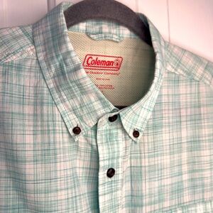 Coleman Shirt Outdoor Plaid LARGE Light Green & White 100% Cotton Lightweight